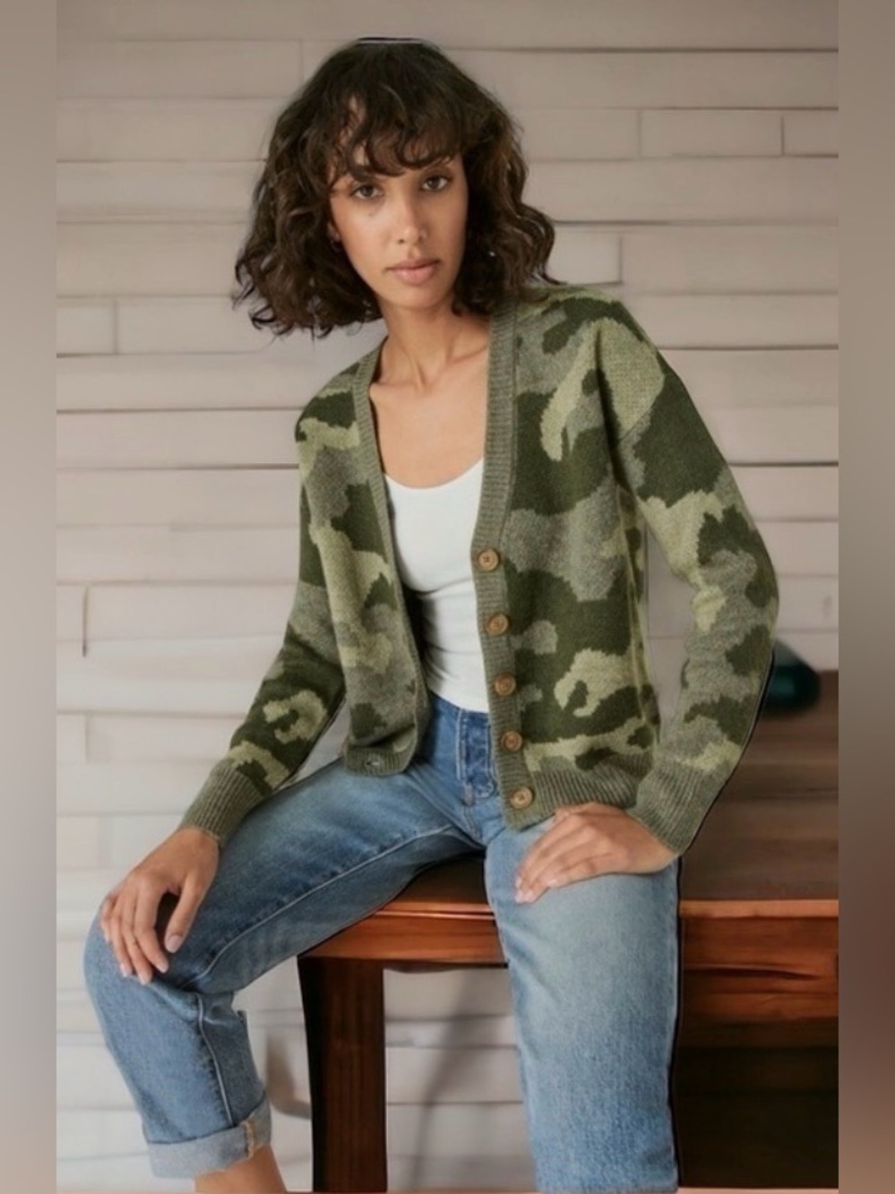 Lucky Brand Camo Wool Blend Button Front Cardigan Sweater Green Size M Soft Cozy